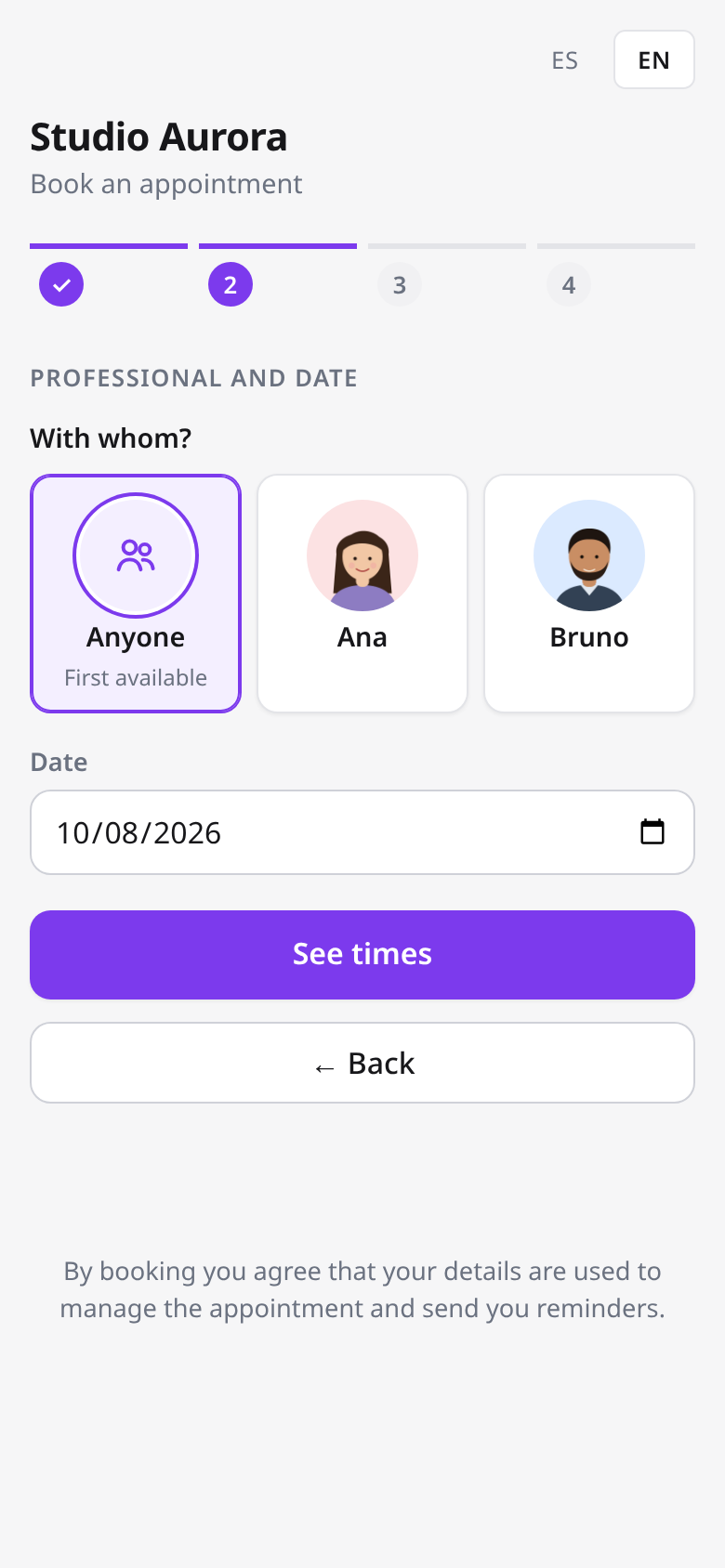 Choosing a professional on the booking page