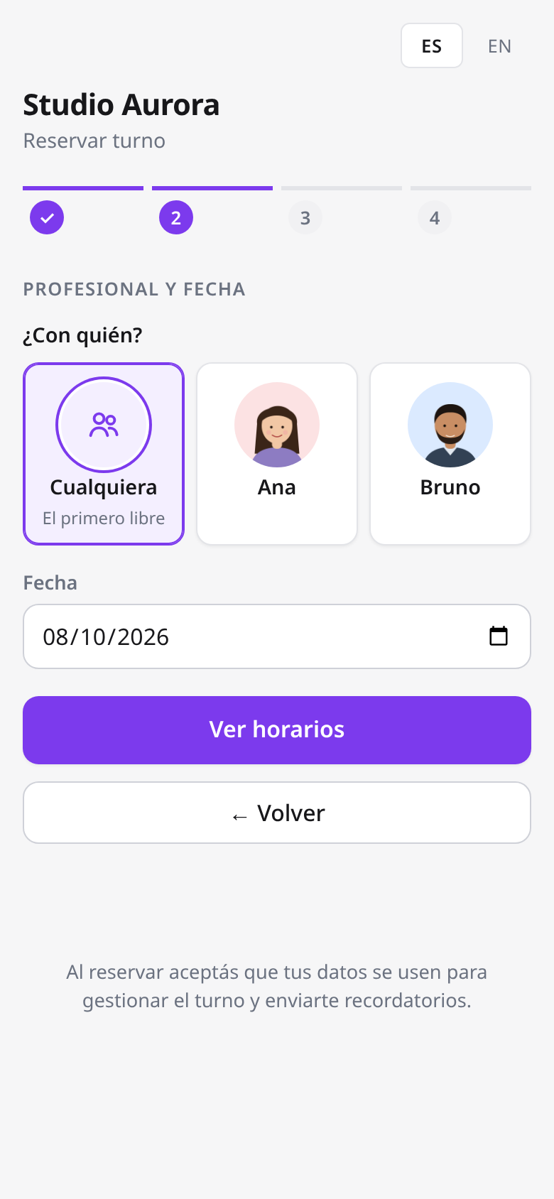Elegir profesional en la página de reservas